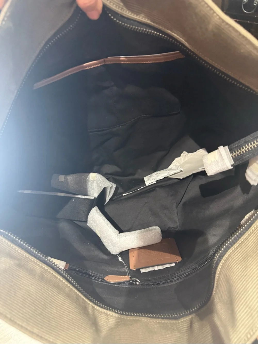 Coach Olive Canvas Tote with Black and Tan Handle Accents